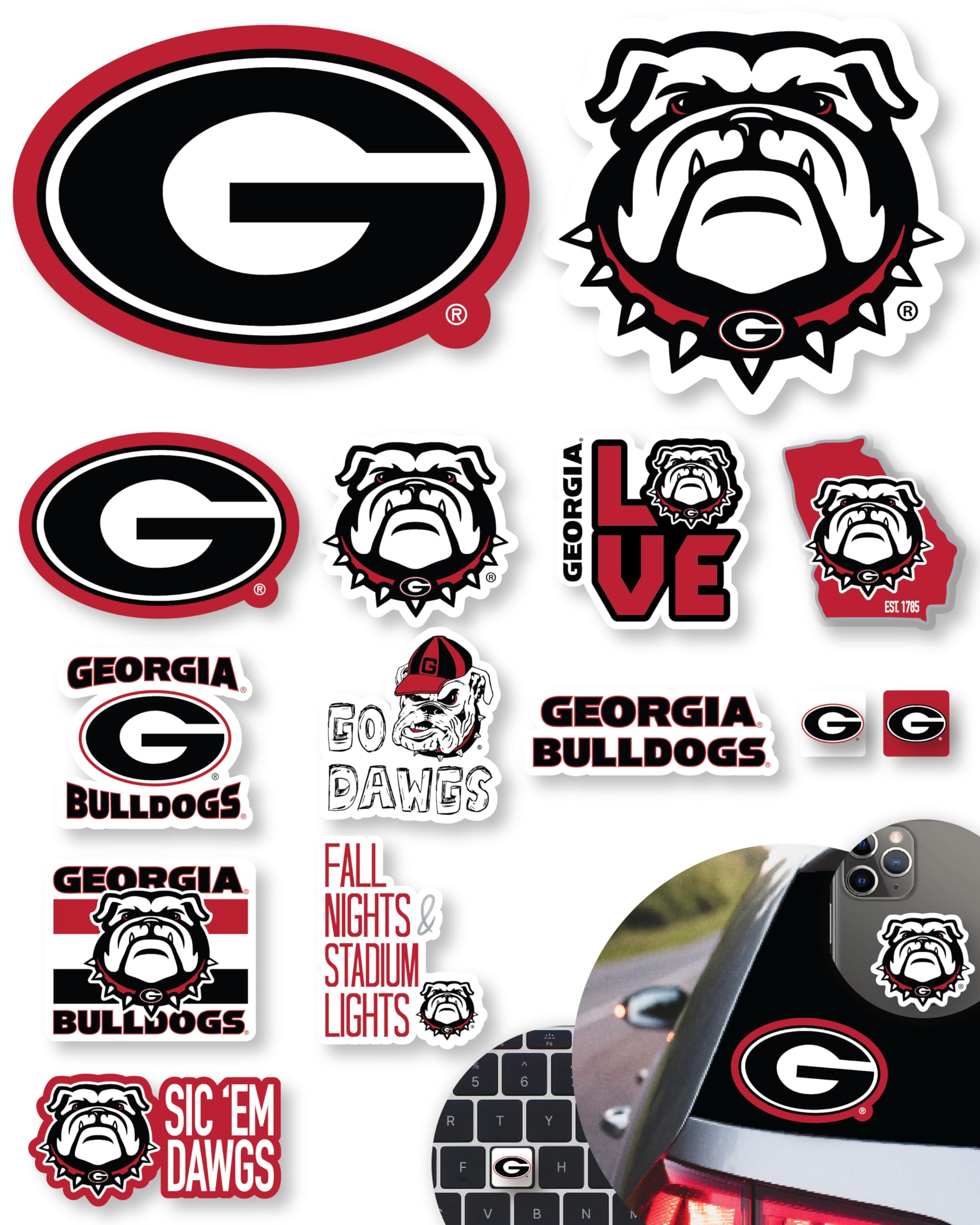 UGA Gifts Georgia Bulldogs Stickers & Decals 14 Pc Set for Car Water Bottle | Un