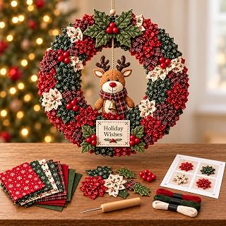 Christmas Fabric Poke Wreath Kit for Adults, 25 x 25 cm，Set D | 3D wreath craft with a foldable slotted base, fabric pieces, scissors, thread, instructions and seasonal accents