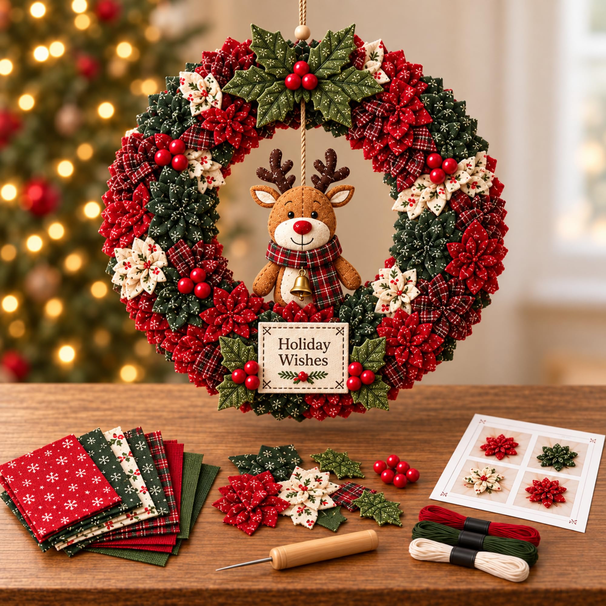 Christmas Fabric Poke Wreath Kit for Adults, 25 x 25 cm，Set D | 3D wreath craft 