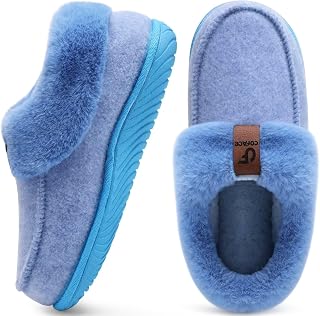 COFACE Women's Arch Support Memory Foam House Slippers Ladies Warm Fuzzy Faux Fur Collar Winter Moccasin Shoes with Orthotic Plantar Fasciitis Indoor Outdoor Hard Rubber Sole