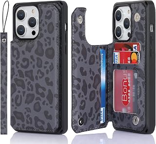 Cavor Custodia a portafoglio per iPhone 14 Pro con custodia per carte di credito, con cordino, motivo leopardato per tutto il corpo antiurto con slot per carte di credito, colore: Nero