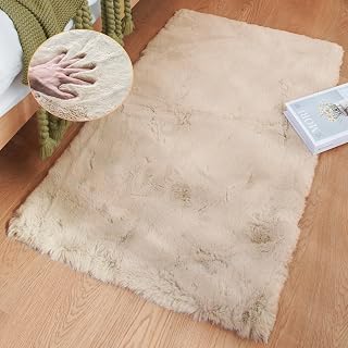 ORINOVA Beige Faux Sheepskin Rabbit Fur Shaggy Rugs for Bedroom Small Shag Washable Fluffy Fur Rug for Living Room Rug 2x3 Nursery Rectange Rugs