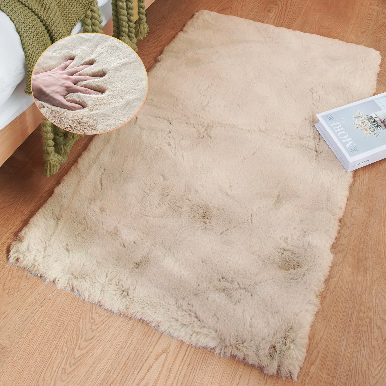 ORINOVA Beige Faux Sheepskin Rabbit Fur Shaggy Rugs for Bedroom Small Shag Washa