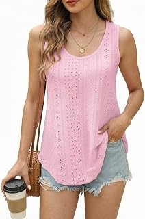 Womens Sleeveless Tops Eyelet Embroidery Round Neck Loose Fit Casual Summer Tank Tops