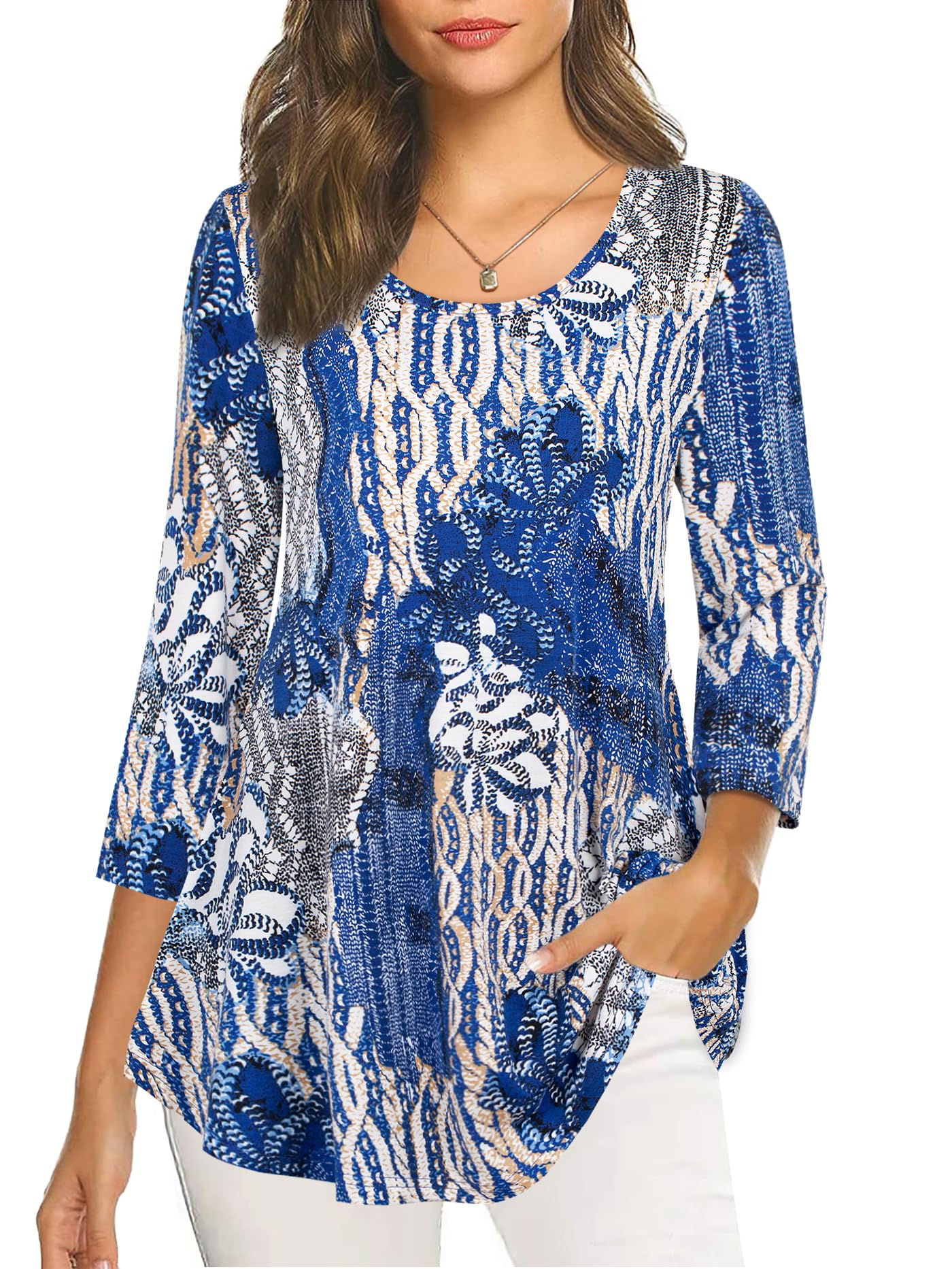 Nandashe Womens 3/4 Sleeves Floral Tunic Summer Casual Dressy Blouse Tops