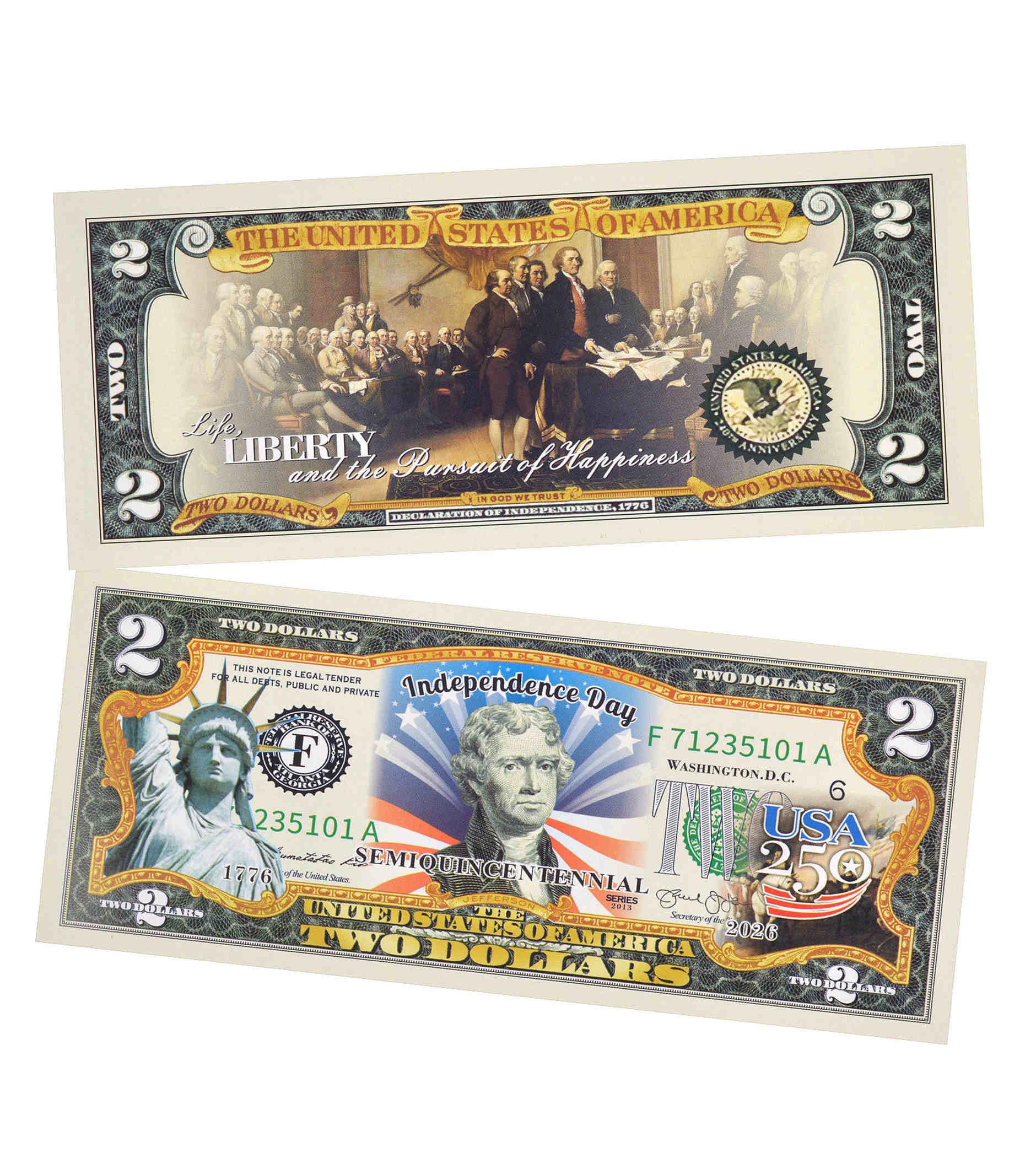 250th Anniversary Collectible $2 Bill | Independence Day 2 Dollar Bill 250 Anniv