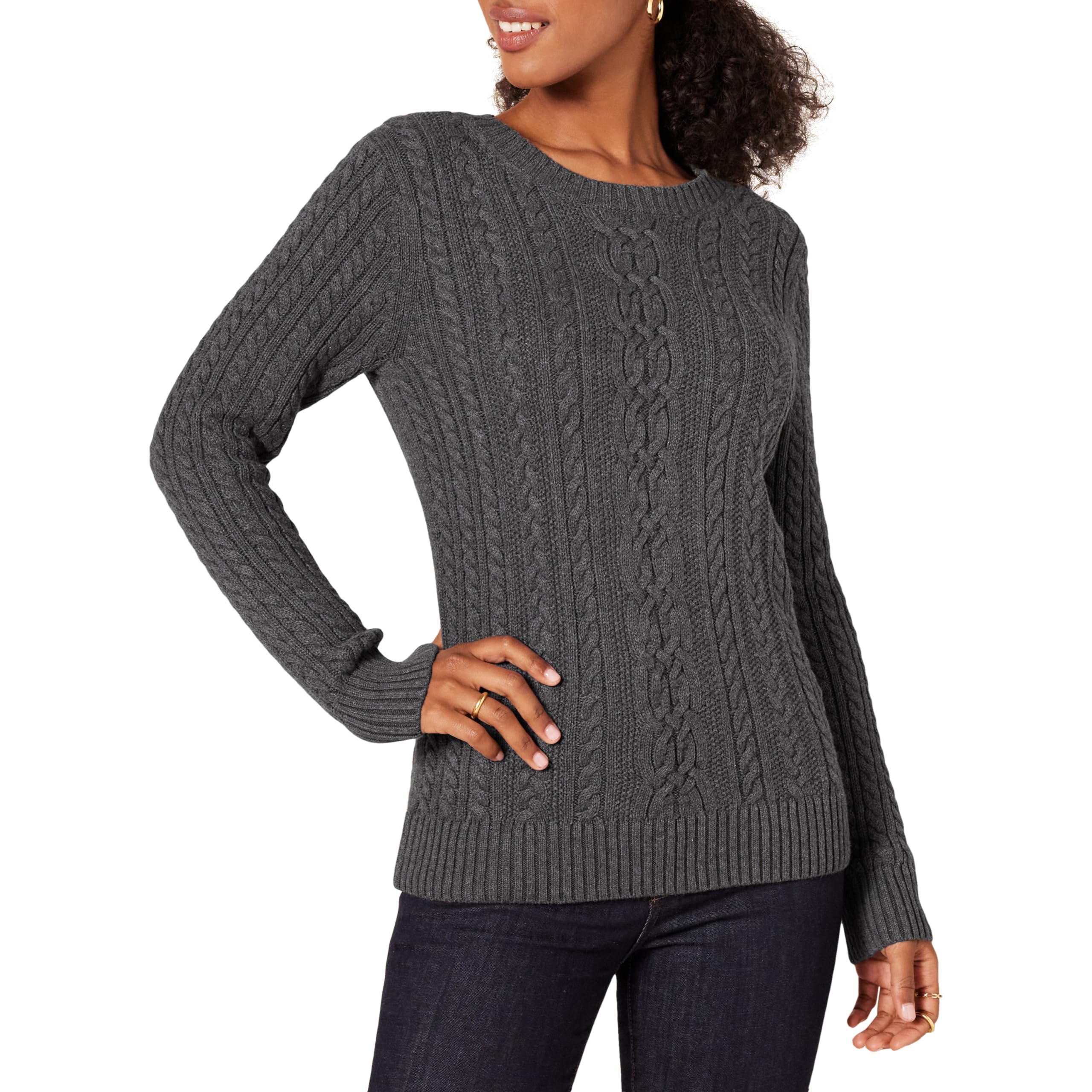 Amazon Essentials Women's Cable Knit Pullover with Long Sleeves and Crew Neck, A