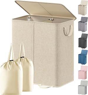Lifewit Double Laundry Hamper with Lid, Removable Laundry Bags, Beige | Large Collapsible Laundry Baskets, 2 section Dirty Clothes Basket with Handles for Bedroom, Laundry Room, Closet, Dorm, 136L