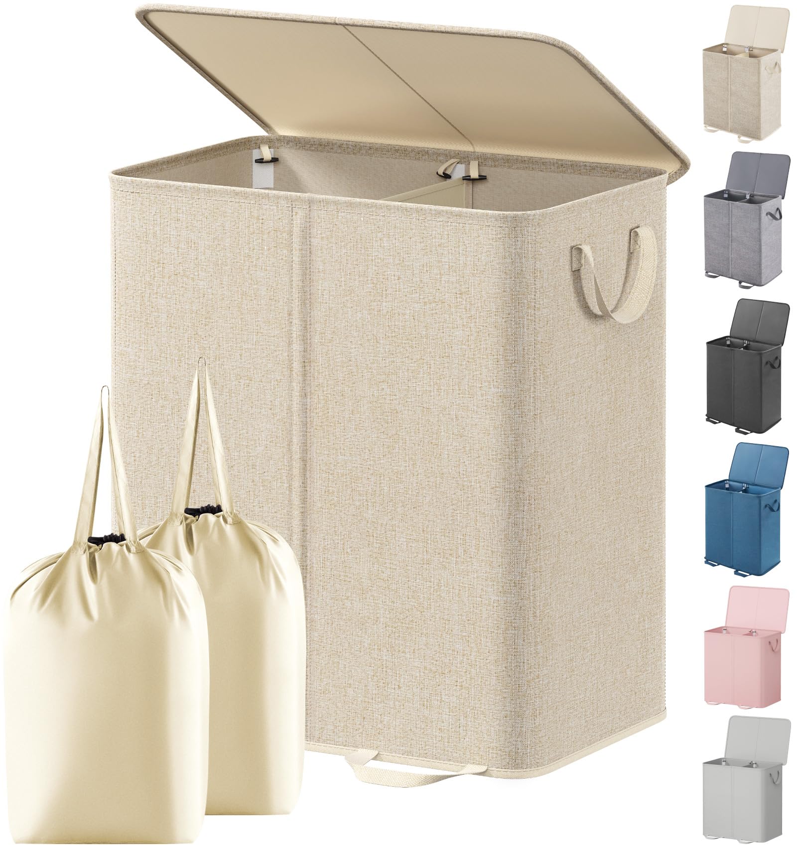 Lifewit Double Laundry Hamper with Lid, Removable Laundry Bags, Beige | Large Co