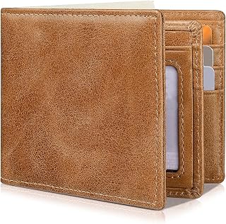 Artpaxy Mens Wallet Genuine Leather Bifold RFID Blocking Wallet for Men with 1 ID Window 13 Card Holders 2 cash pockets 1 Gift Box, Light Brown, Classic