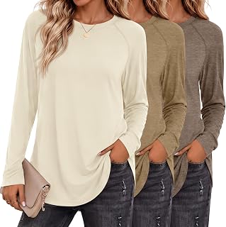 Ficerd Pack of 3 Women's Long Sleeve T-Shirt Crew Neck Raglan Sleeve Loose Fit Side Slits