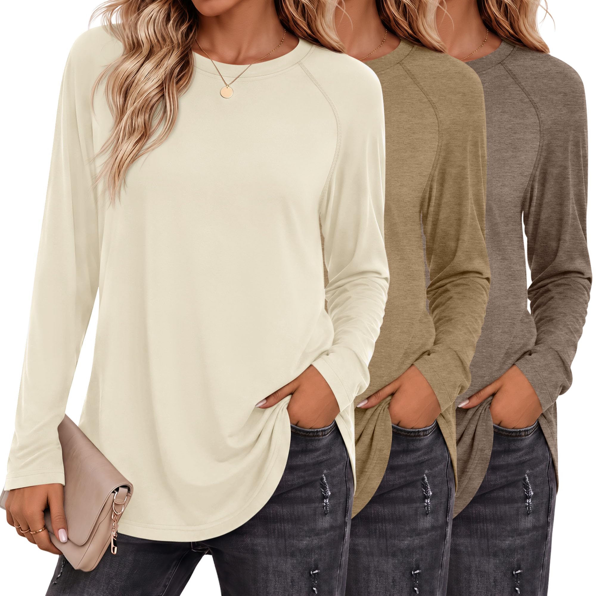Ficerd Pack of 3 Women's Long Sleeve T-Shirt Crew Neck Raglan Sleeve Loose Fit S