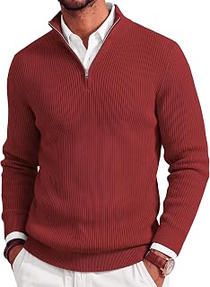 COOFANDY Suéteres tipo polo de punto ligeros con cremallera de un cuarto para hombre, ajuste delgado, cuello alto falso, suéter tipo polo