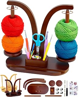 FIVEIZERO Double Magnetic Yarn Holder for Crocheting and Knitting | Dual Spindles, 360° Smooth Rotation, Solid Wood, Phone Stand, Strong Weight Capacity, Tangle Free Feeding