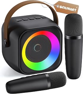 Mini Karaoke Machine,Portable Bluetooth Speaker with 2 Wireless Microphones | 360° Surround Sound,5 Voice Effects,Bluetooth 5.0,LED Lights, TF/USB/AUX, For Kids and Adults, Family Home Party and Gifts