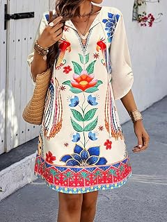 Women's Long Sleeve Dress Casual V Neck Tribal Print Button Flowy Boho Mini Beach Dress