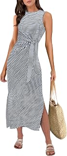 ANRABESS Summer Maxi Dress for Women Casual Sleeveless Slim Fit Tie Waist Split Long Dress Vacation 2025