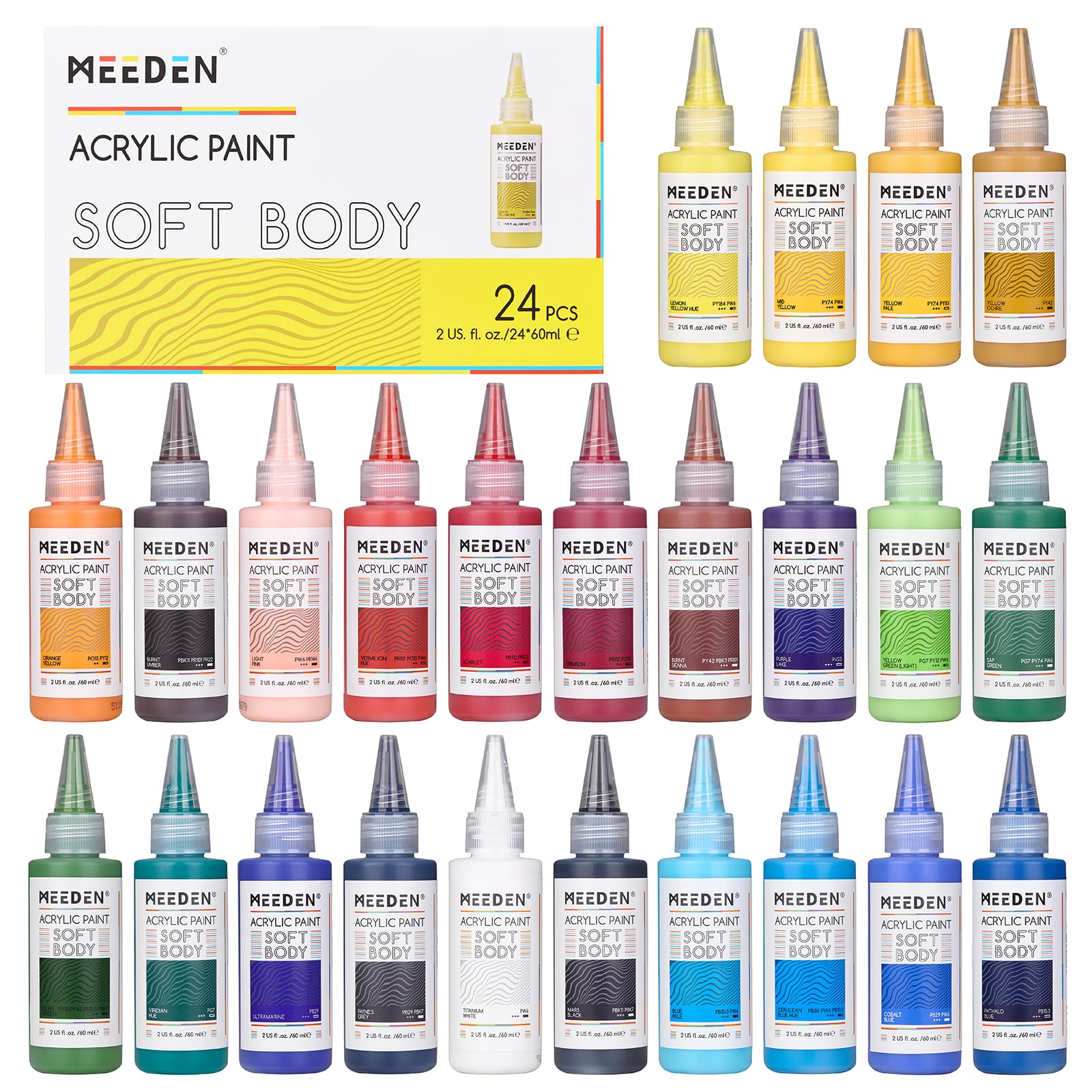 MEEDEN Soft Body Acrylic Paints Set: Matte Finish 24 Colors x 60ml/2oz
