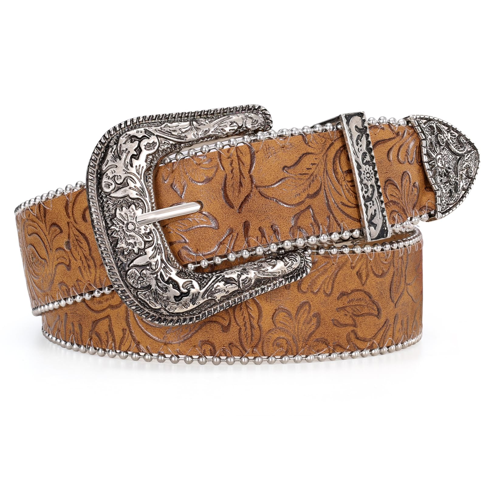 JASGOOD Western Belt for Women Vintage Cowboy Cowgirl Engraved Buckle Belt for J