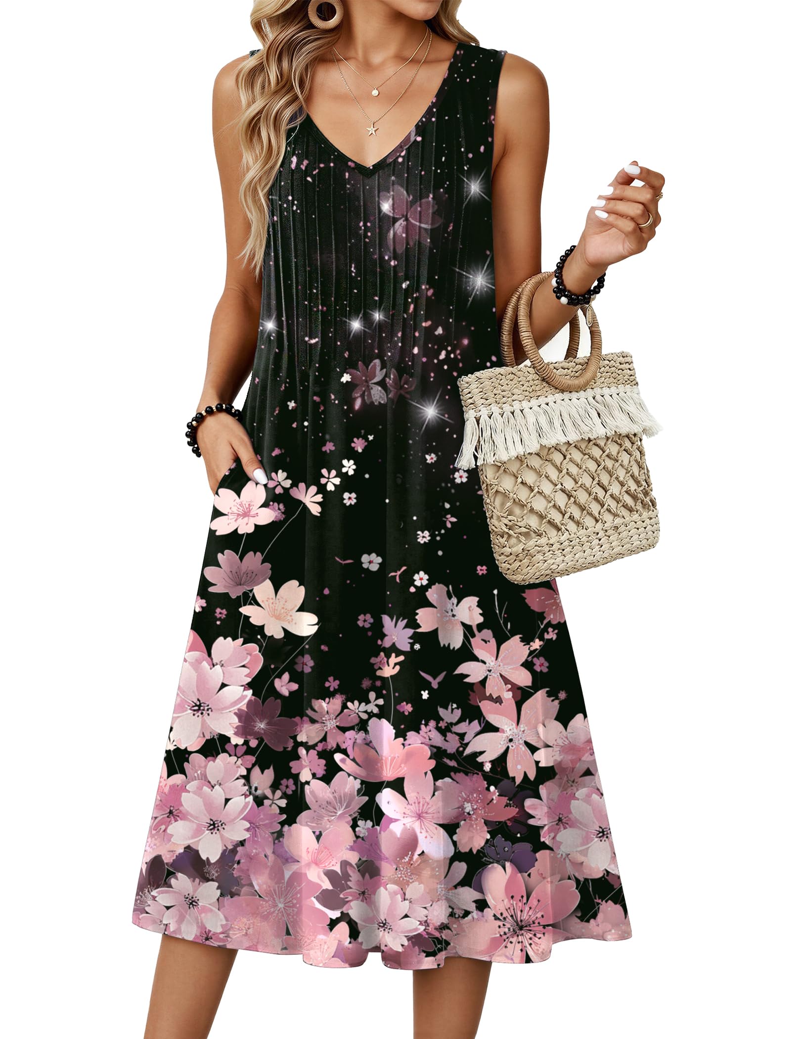 Zeagoo Women Summer Casual Dresses 2026 Sleeveless Midi Pleated Tank Sundress wi