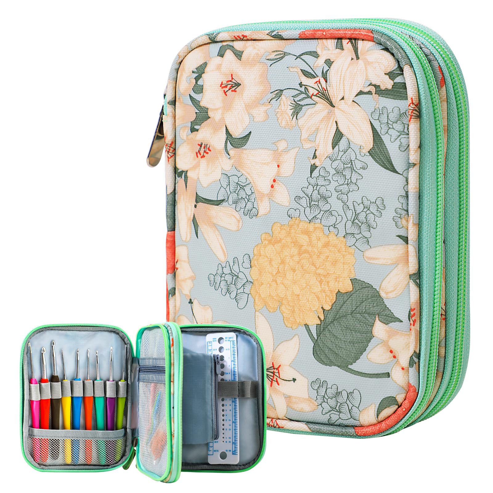 KOKNIT Crochet Hook Case, Zipper Storage Organizer Bag with Web Pockets for Croc