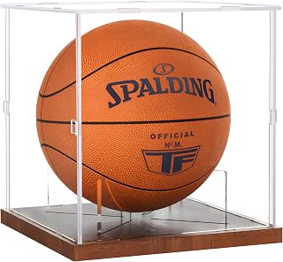 Fitense Full Size Acrylic Basketball Display Case with Solid Wood Base | UV shielded acrylic box fits autographed NBA WNBA balls, also works for soccer sports memorabilia collectibles