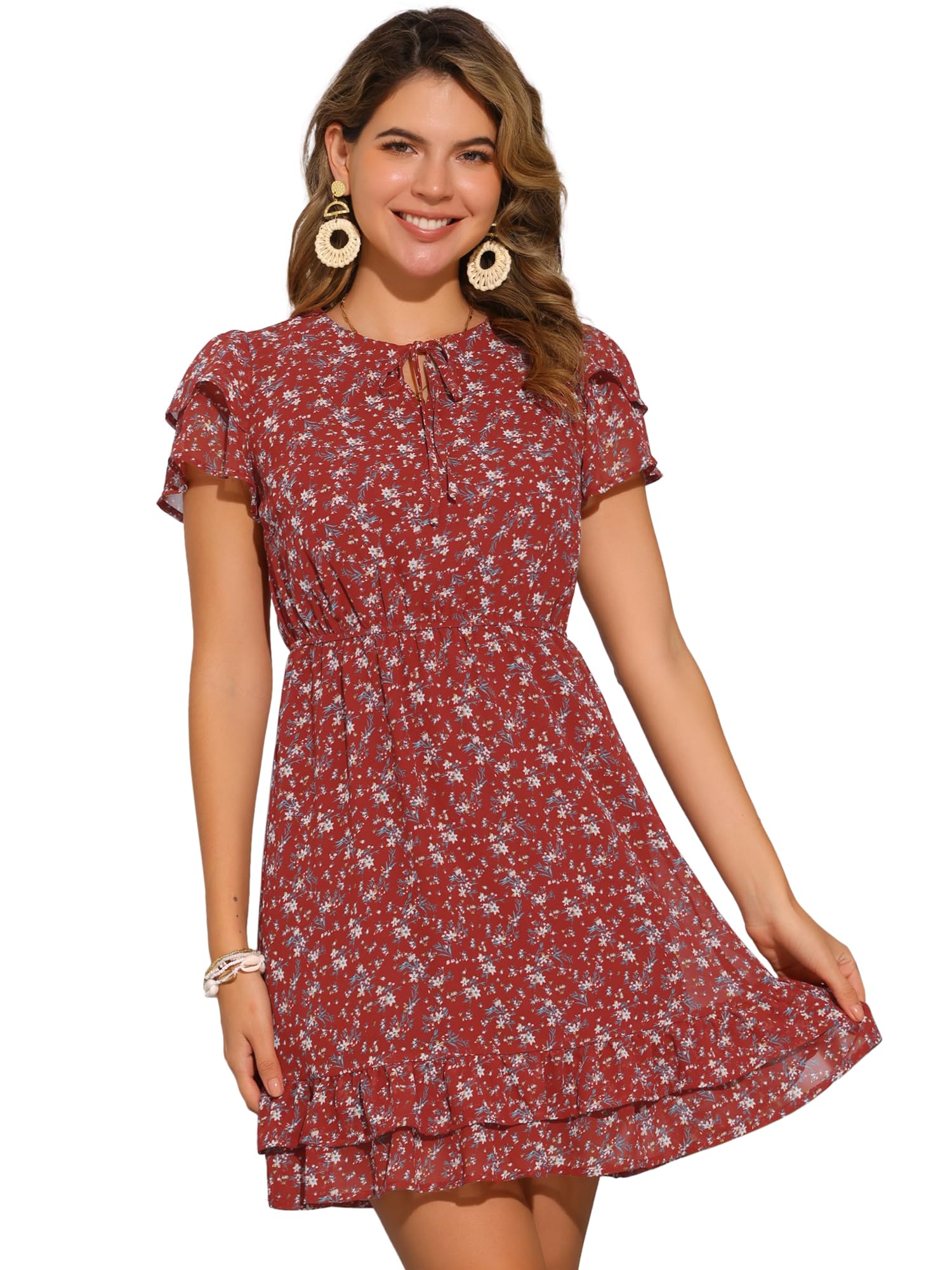 Allegra K Women Ruffle Sleeve A Line Flowy Floral Mini Chiffon Dress