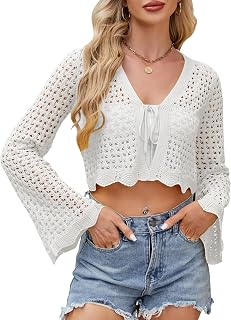 Women Cropped Cardigan with Knot Front Crochet Bolero Shrug Sweater Bell Sleeve