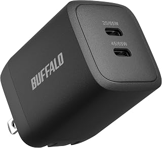 Buffalo BSACPD6505C2BK 65W 2-Port Type-C USB PD Compatible, GaN Foldable, PSE Compatible