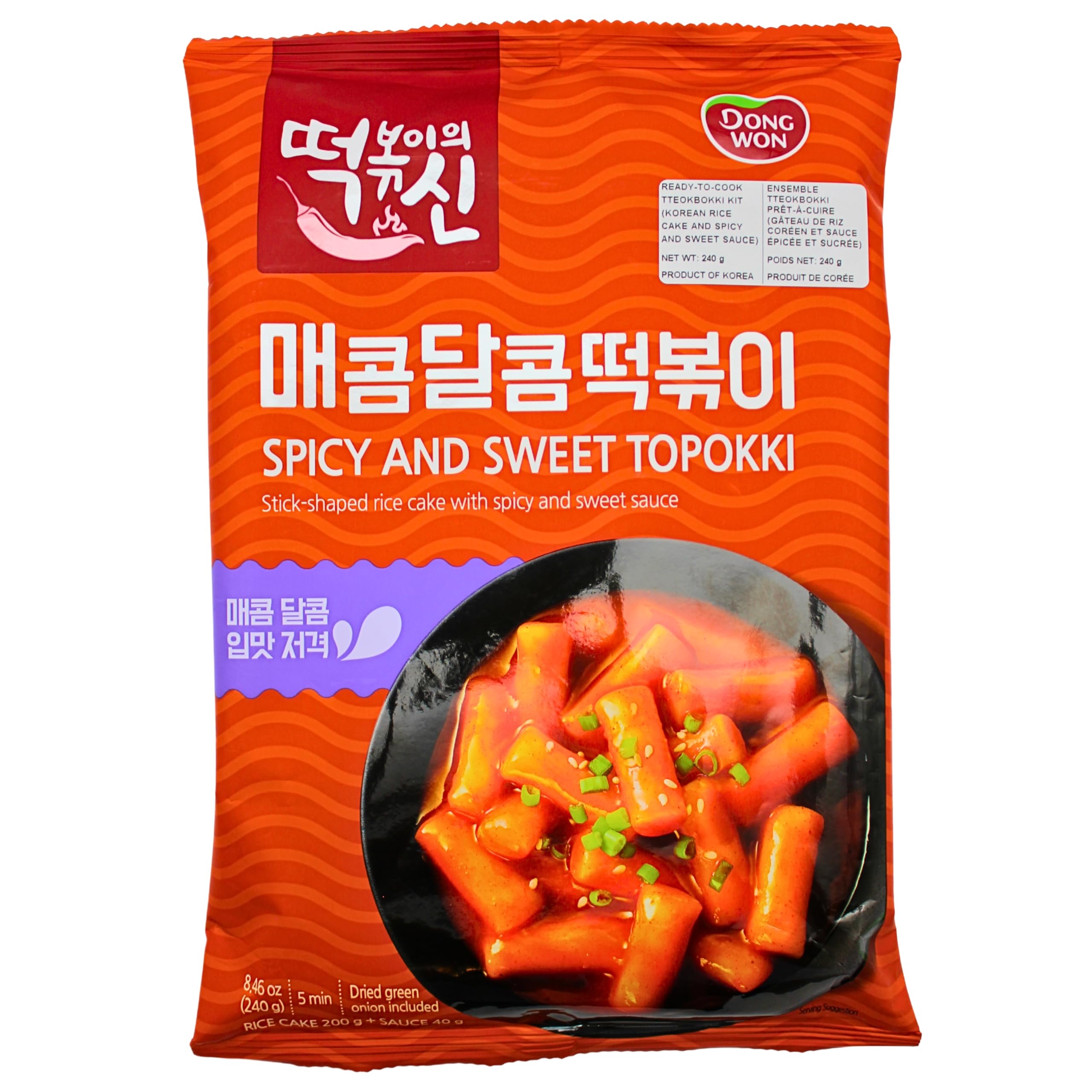 Dongwon Spicy & Sweet Topokki Kit, Korean Rice Cake & Sauce, 240 g | Includes 20