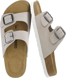 CUSHIONAIRE Sandalias de gamuza de cuero 100% genuino con logotipo para mujer, plantilla de corcho acolchada con hebillas ajustables y espuma viscoelástica