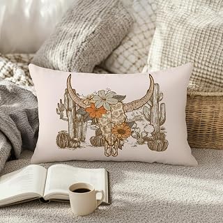 Bohemian Western Pillow Cover 12x20, Western Home Room Decor, Cowgirl Gift for Women, Boho Floral Bull Skull Cactus Decorative Throw Pillow Cover