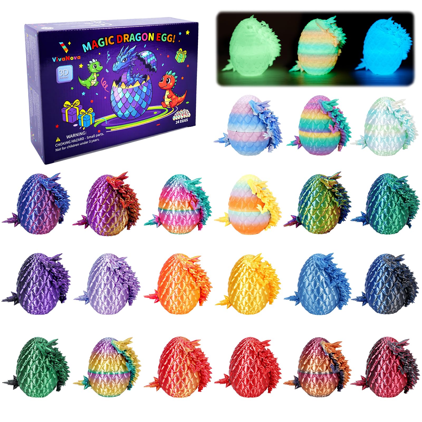 VivaNova 24 Pack 3D Printed Dragon Eggs with 24 Articulated 5-Inch Dragons | Dra