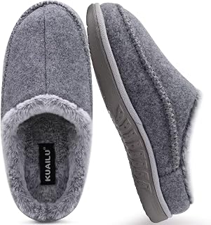KuaiLu Men's Memory Foam Clog Slippers, Comfortable, Hand-Stitched, Microsuede Slip-On Slippers with Arch Support, Warm Faux Fur-Lined, Rubber Sole, Indoor, Outdoor