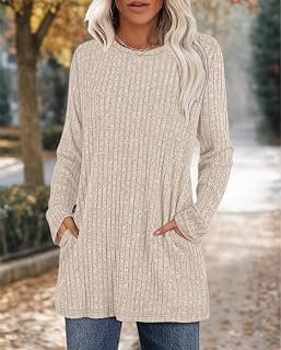 Long Sleeve Shirts for Women Crewneck Tunic Tops Loose Fit Dressy Womens Sweaters with Pockets Fall Fashion 2025