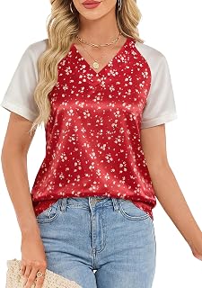Funlingo Womens Silk Satin Tops Summer Color Block Short Sleeve Blouses V Neck Graphic T Shirts Trendy Vacations Outfits 2026