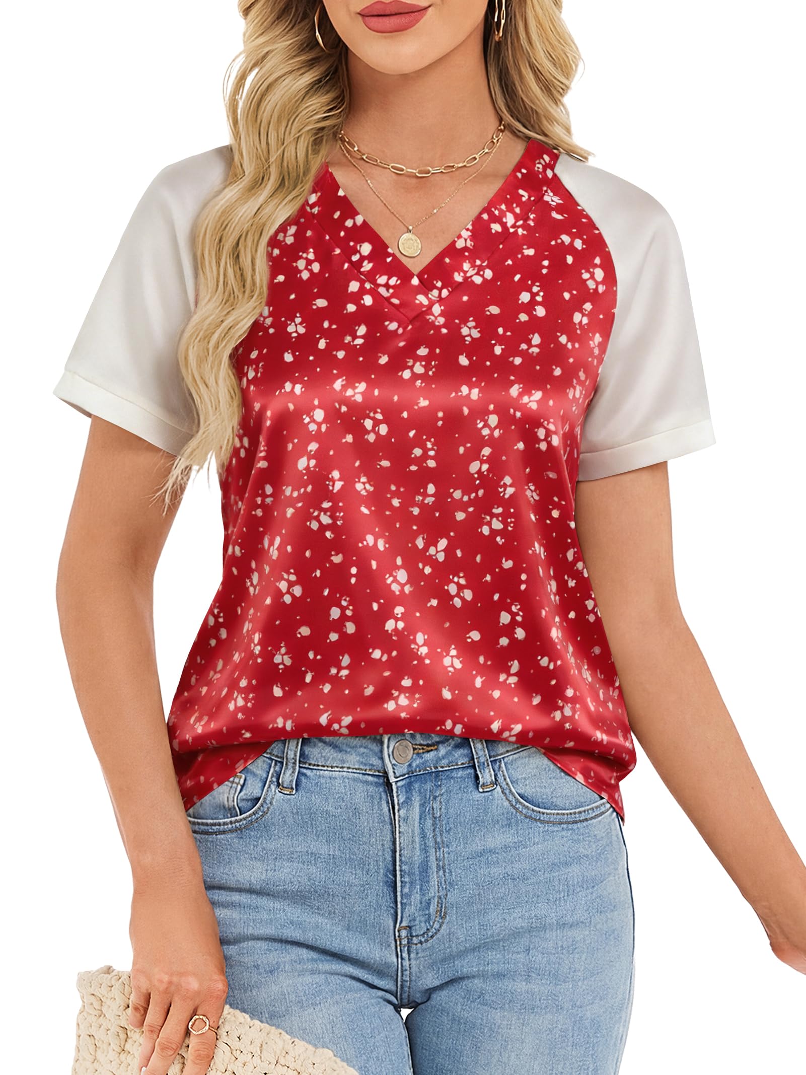 Funlingo Womens Silk Satin Tops Summer Color Block Short Sleeve Blouses V Neck G