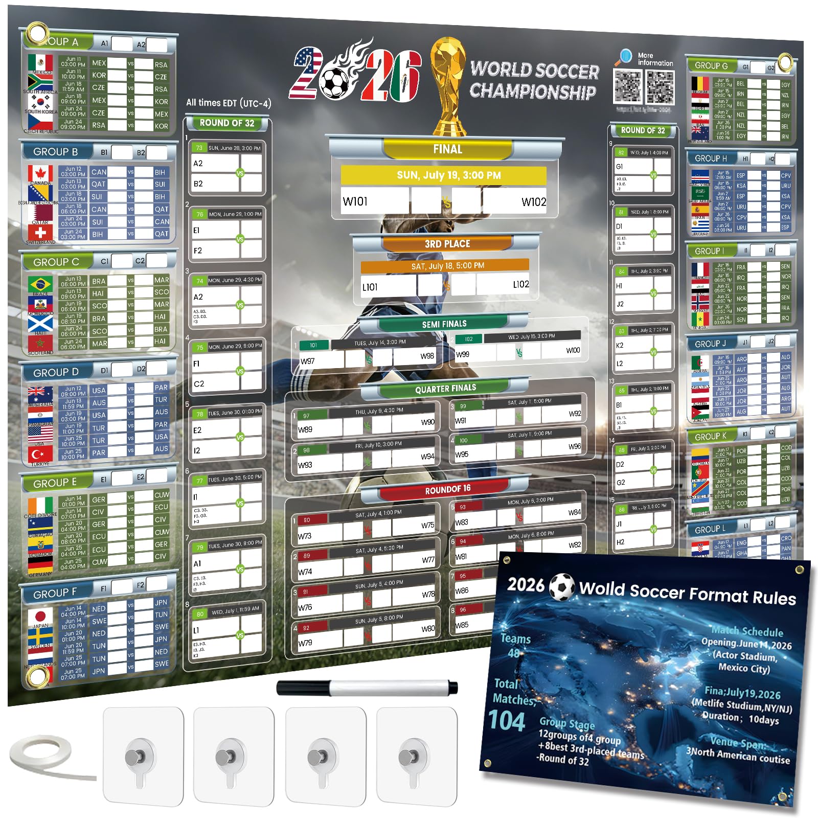 Updated 2026 World Soccer Schedule Poster With Live Score QR Code | 33.1"x22.3" 
