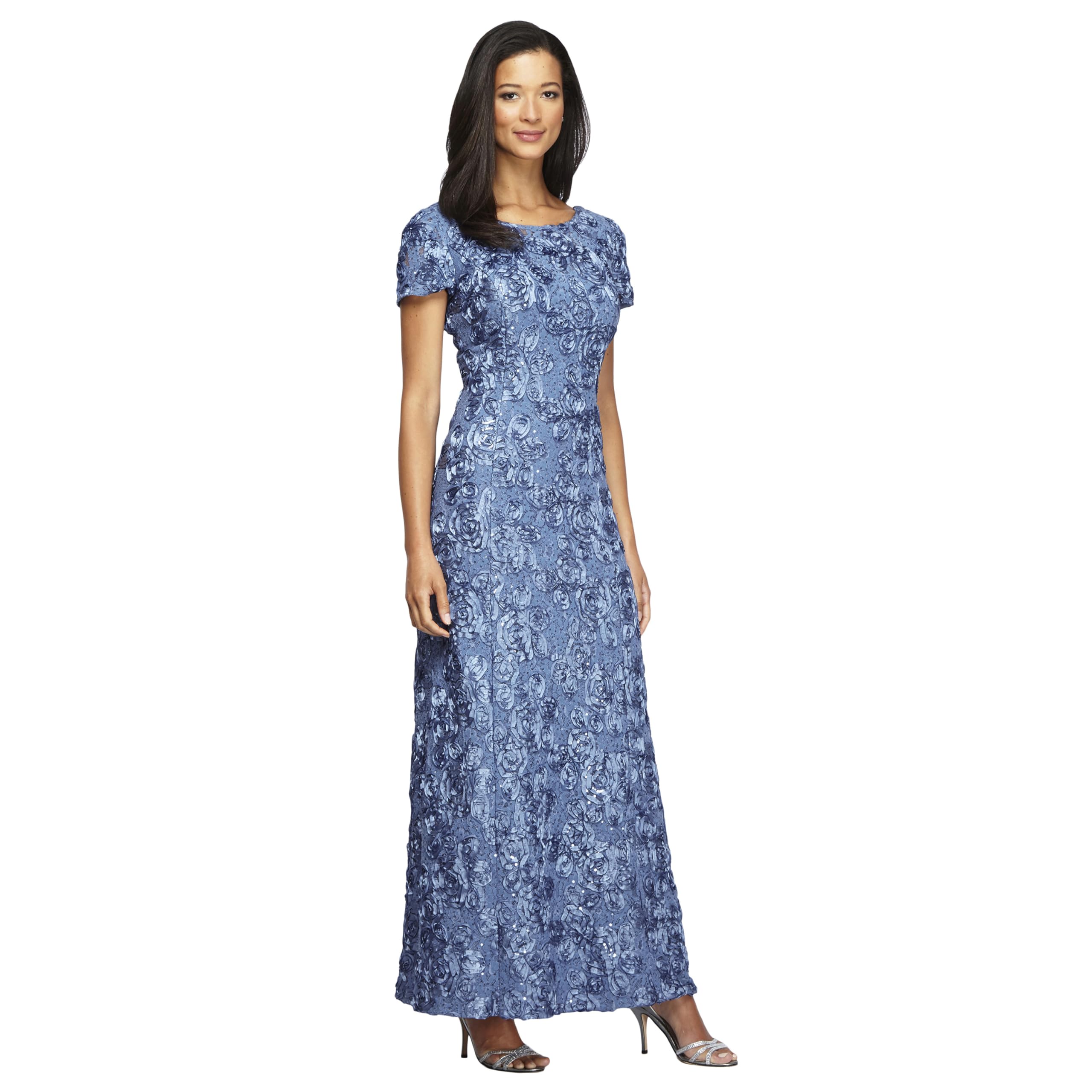 Alex Evenings Plus Size Long A-Line Rosette Dress with Short Sleeves Women's Spe