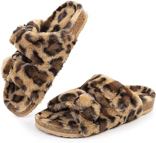 FITORY Womens Open Toe Slippers,Faux Rabbit Fur Cork Slides Sandals
