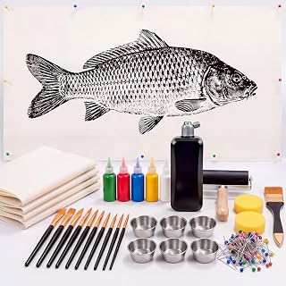 Amyhill Gyotaku Fish Printing Kit with 12 Sheets Rice Paper, 54 x 27 Inches | DIY Japanese Fish Art Set, Sumi Ink, 5 Colors Acrylic Paints, Brushes & Supplies for Adults Anglers Fishing Lovers Gift