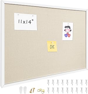 11"x14" White Framed Natural Wood Tone Bulletin Board, Pin Board | Linen corkboard texture. Premium cork boards for walls and pin board office organizer.