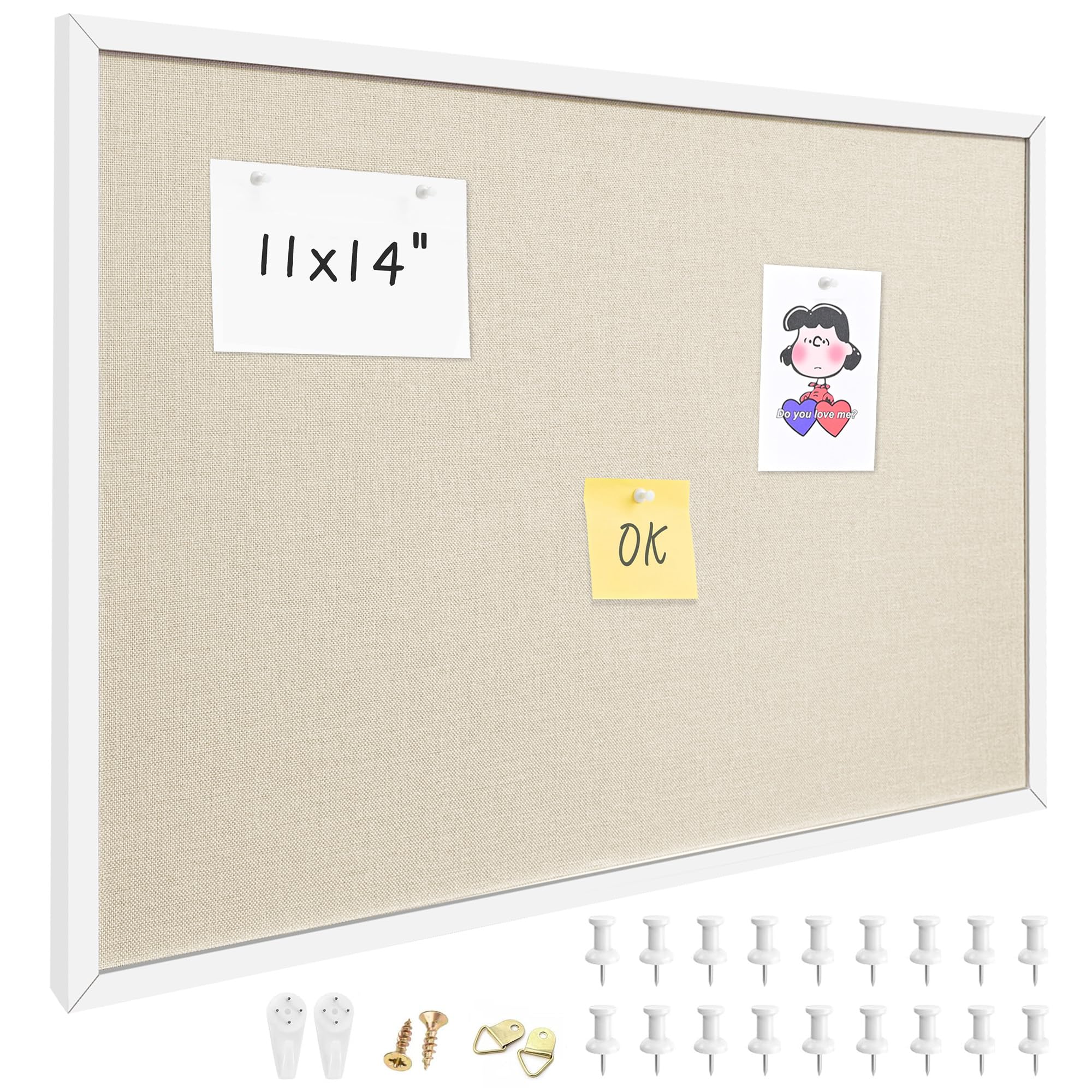 11"x14" White Framed Natural Wood Tone Bulletin Board, Pin Board | Linen corkboa
