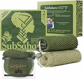 SubSahara African Net Sponge, 2 Pack 45-Inch Exfoliating Body Scrubber | Knotted mesh lathers and rinses easily; stretches for back reach. Olive Green &amp; Light Green; travel pouch.