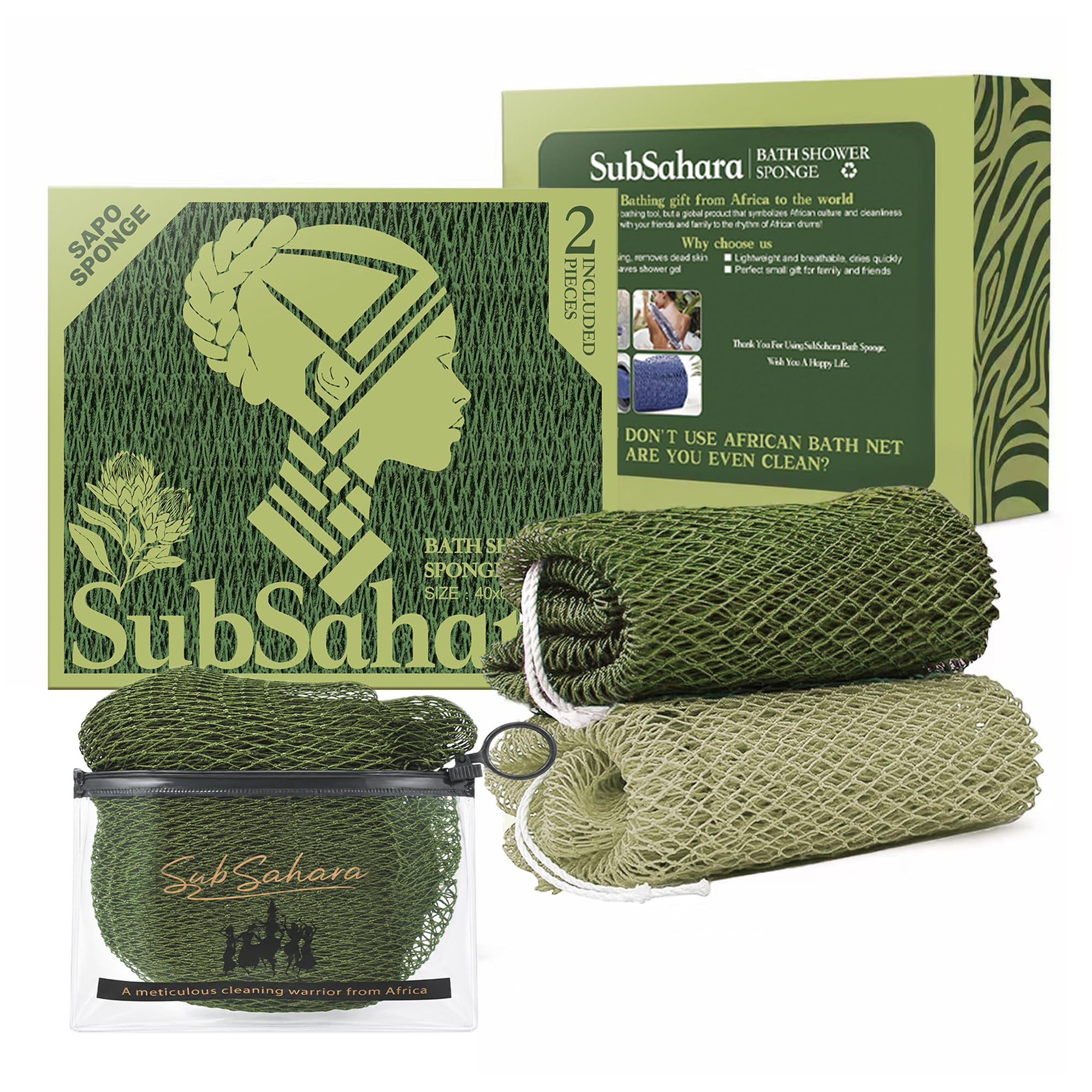 SubSahara Authentic African Mesh Sponge, 2 Pack Exfoliating for All Skin Types, 