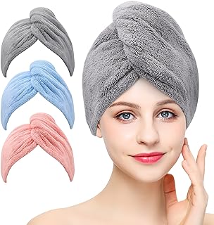 BEoffer 3 Pack Microfiber Hair Towel Fast Dry, Soft, Absorbent Hair Wraps | Anti Frizz Hair Turban for Women Wet Hair, Button Closure Hair Caps for Drying Curly, Long & Thick Hair (Gray,Pink,Blue)