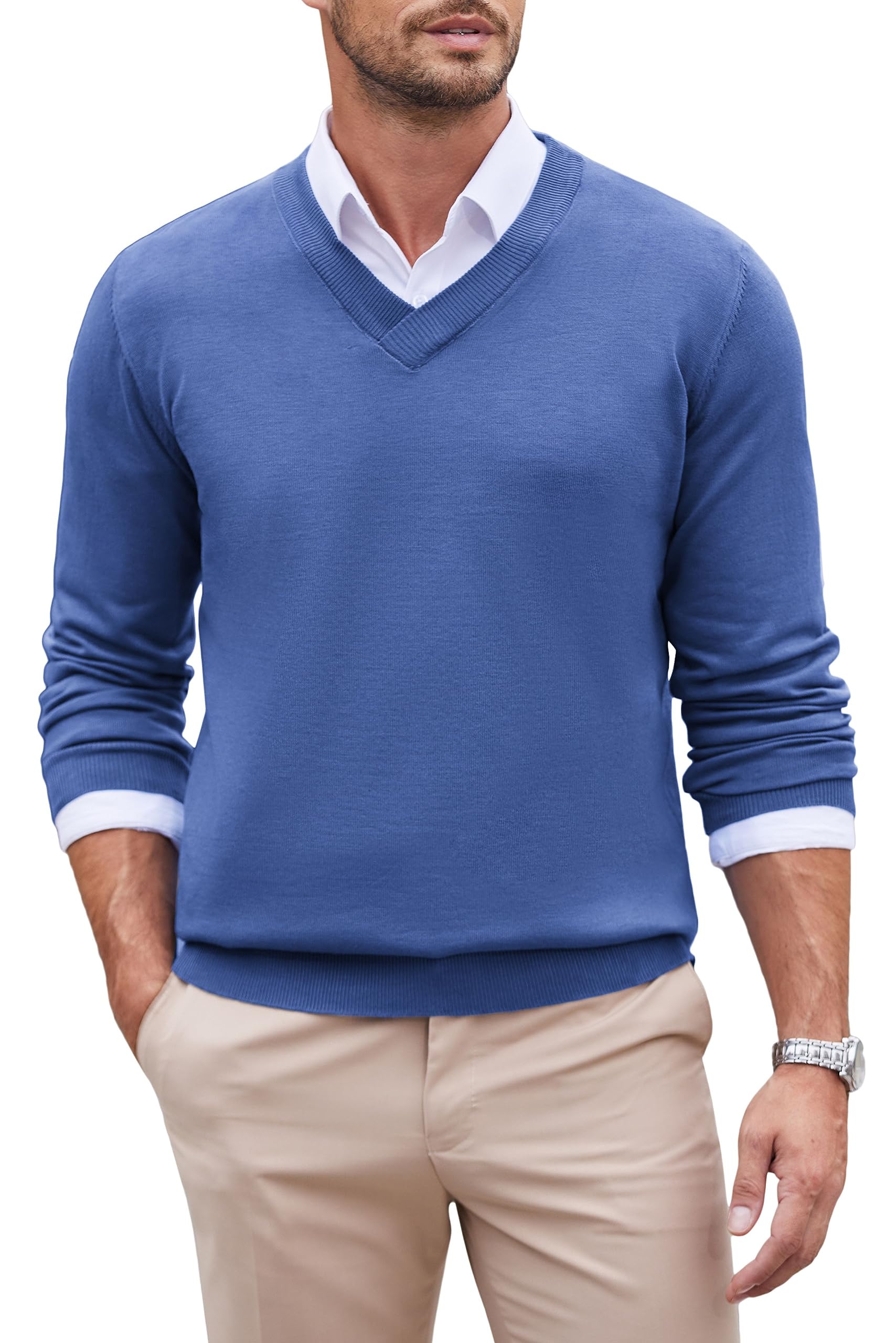 COOFANDY Men's Sweater V Neck Sweater Thin Long Sleeve Slim Fit Knitted Sweater 