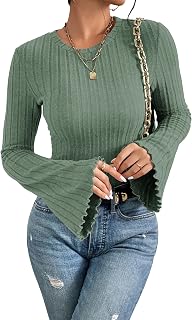 MOLERANI Women's Long Bell Sleeve Crewneck Knit Lightweight Pullover Top