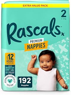 Rascals Premium Nappies丨Size 2丨Total 192 Nappies丨Absorbent丨infant丨overnight Diapers Dry and Gentle Diapers nighttime丨4 Layers of Protection and Feather-Soft Materials (Size 2)