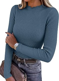 ANRABESS Long Sleeve Shirts for Women Mock Neck Ribbed Slim Fit Fall Tops